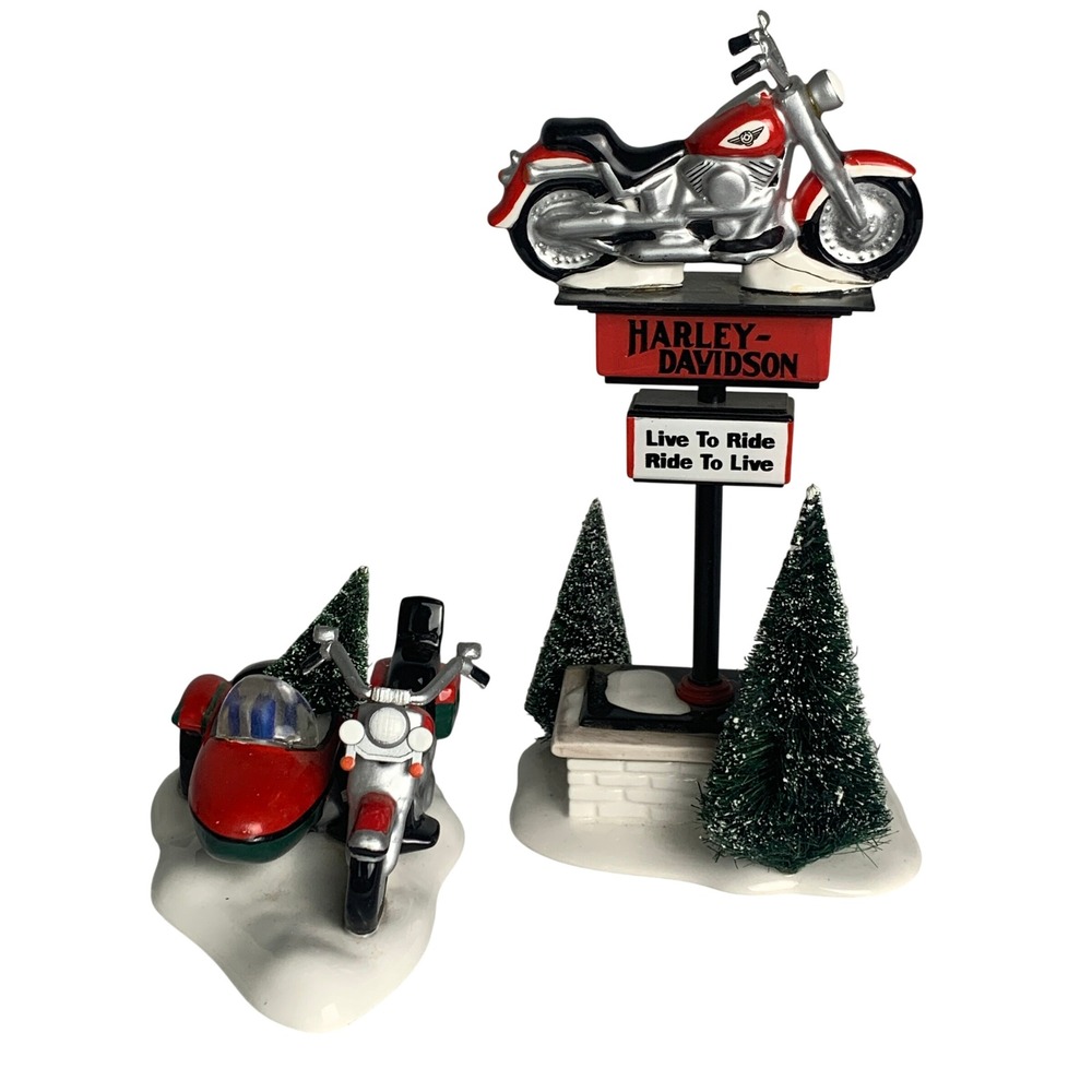 Harley-Davidson Village Accessory Dept 56 Motorcycle Sign & Sidecar Set Holiday
